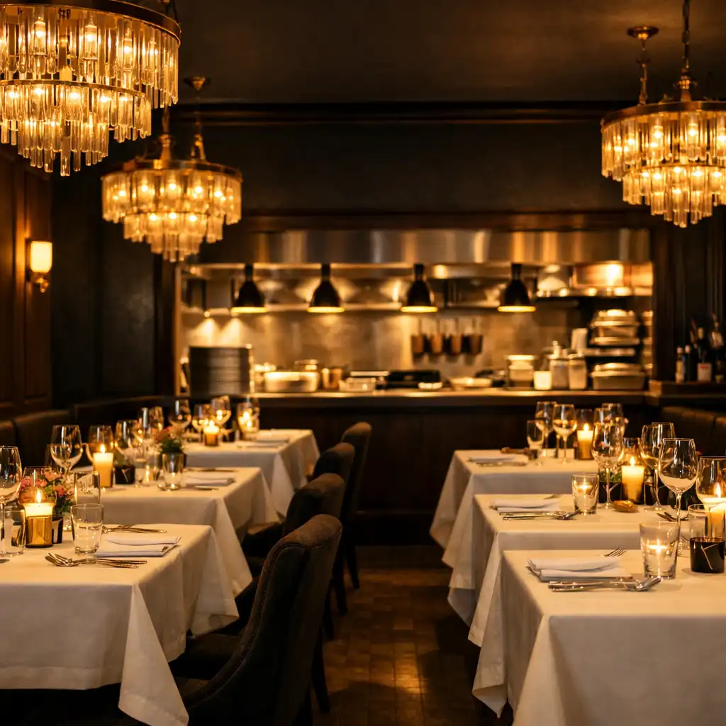 Sala restauracyjna Dineqelun z rzędem stolików z białymi obrusami, ciemnymi ścianami i złotymi żyrandolami