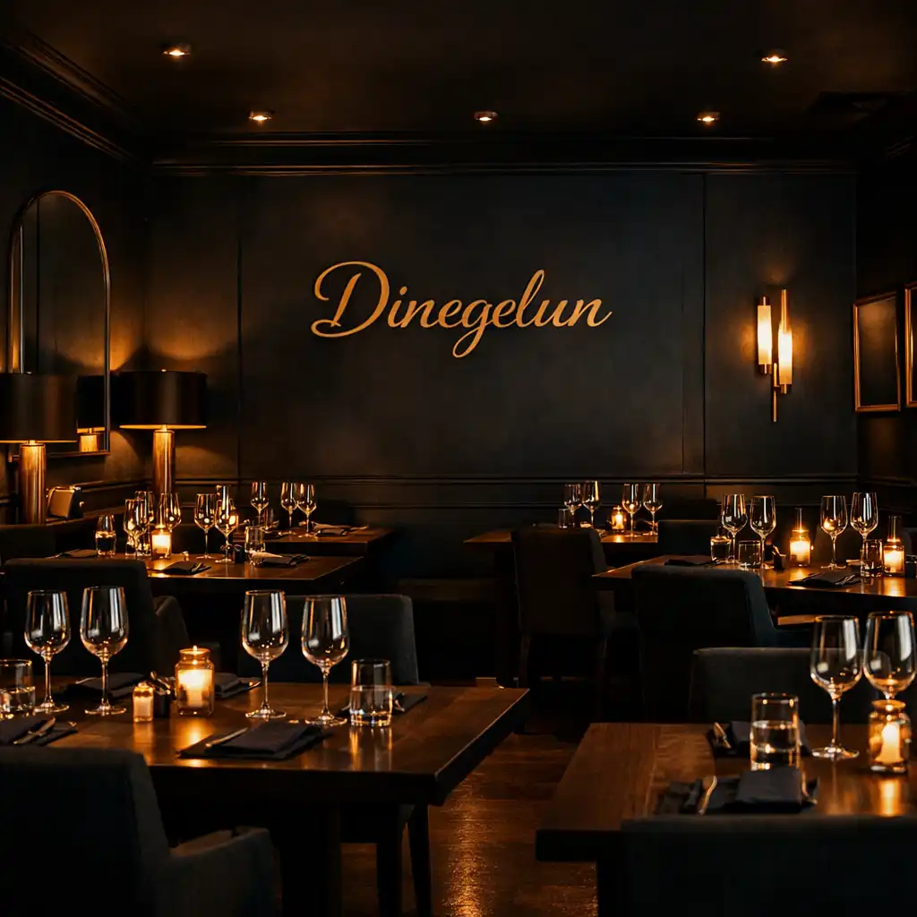 Ciemne, eleganckie wnętrze restauracji Dineqelun z grafitowymi ścianami, stolikami z ciemnego drewna i subtelnymi złotymi akcentami