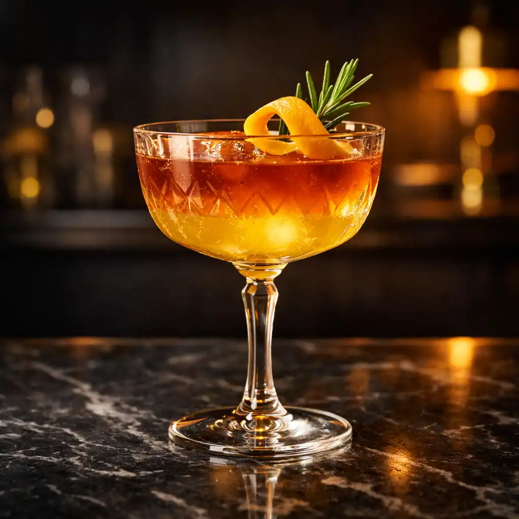 Bezalkoholowy koktajl Amber Fizz w kieliszku coupe z bursztynowym płynem, cytrusowym twistem i gałązką rozmarynu