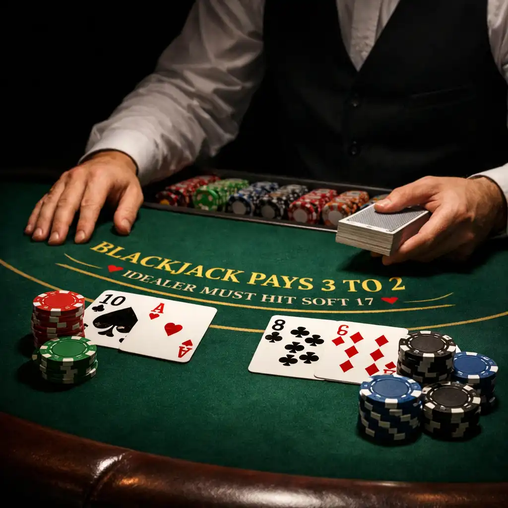 Stół do blackjacka z kartami, żetonami i ręką krupiera