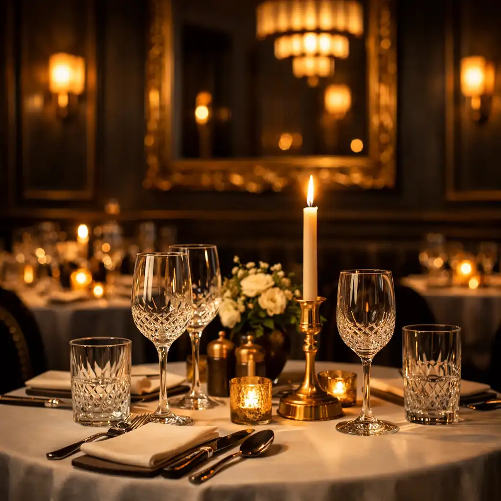 Elegancka sala restauracyjna Dineqelun z nakrytymi stolikami, kryształowymi kieliszkami i ciemnymi ścianami