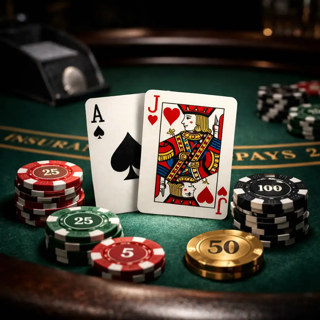 Zbliżenie na blat stołu do blackjacka z kartami i żetonami w ciemnym, eleganckim otoczeniu