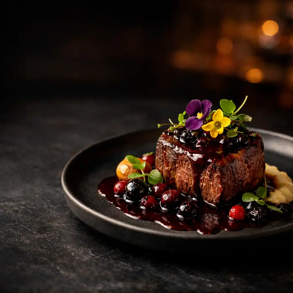 Eleganckie danie fine dining z polędwicą wołową, ciemnym sosem jagodowym i mikroziołami na ciemnym talerzu