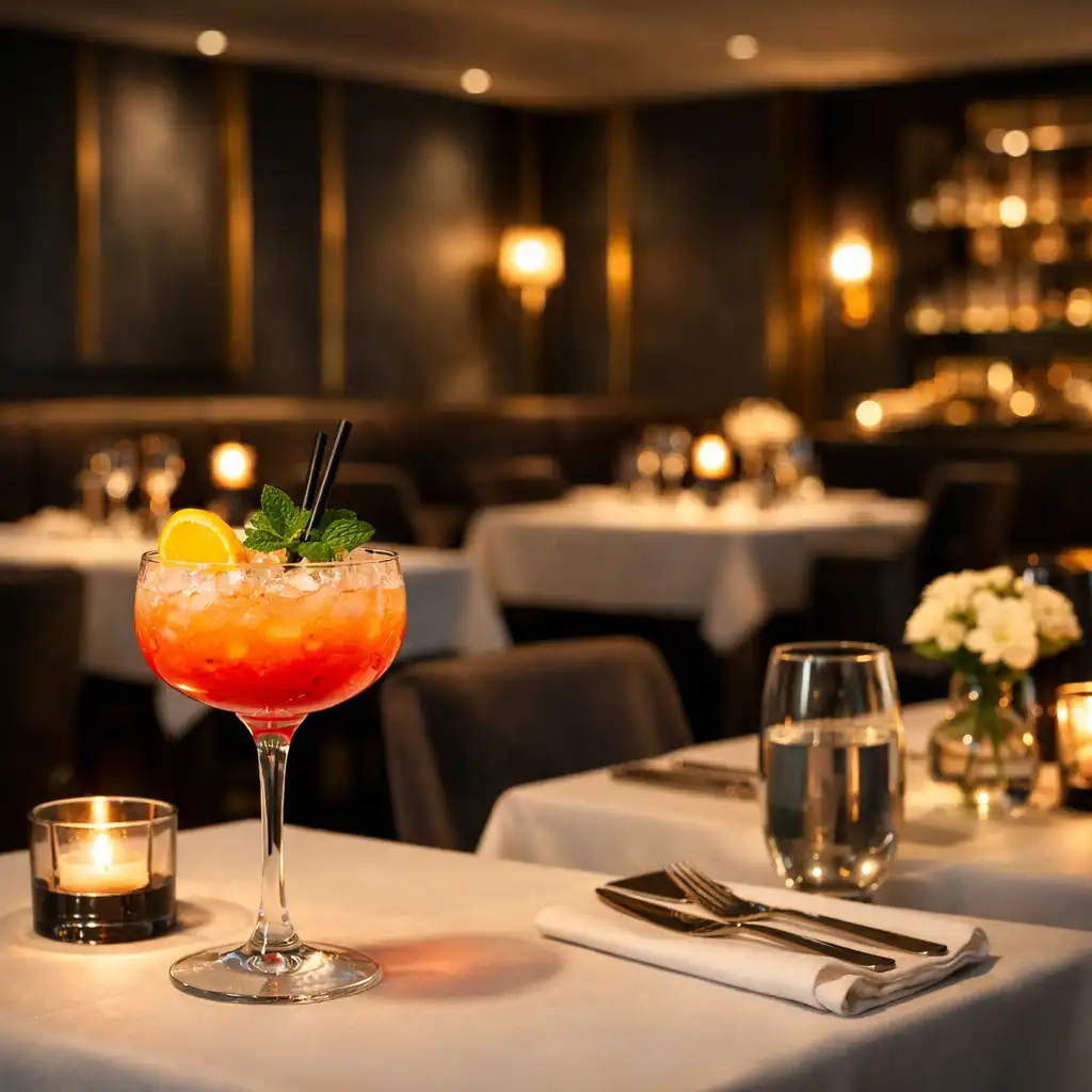 Ciemne, eleganckie wnętrze restauracji Dineqelun z nastrojowym oświetleniem i nakrytymi stolikami
