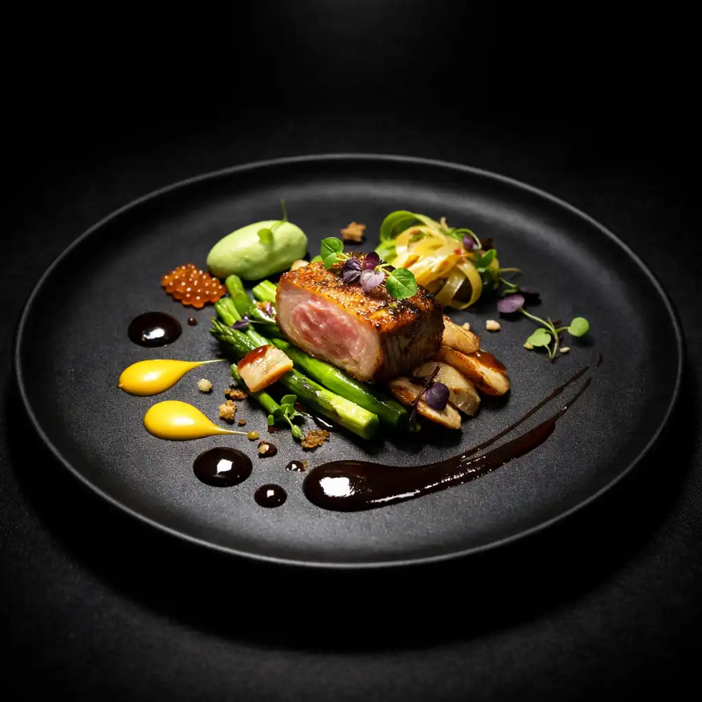 Wyrafinowane danie fine dining na ciemnym talerzu z artystycznie ułożonymi składnikami